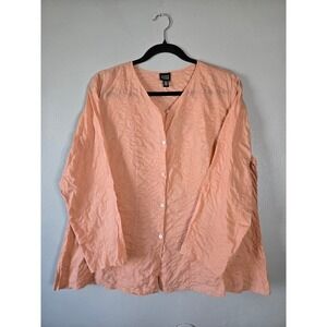 Eileen Fisher Peach Cotton Blouse | Minimalist Button Front Top Size Large Boxy